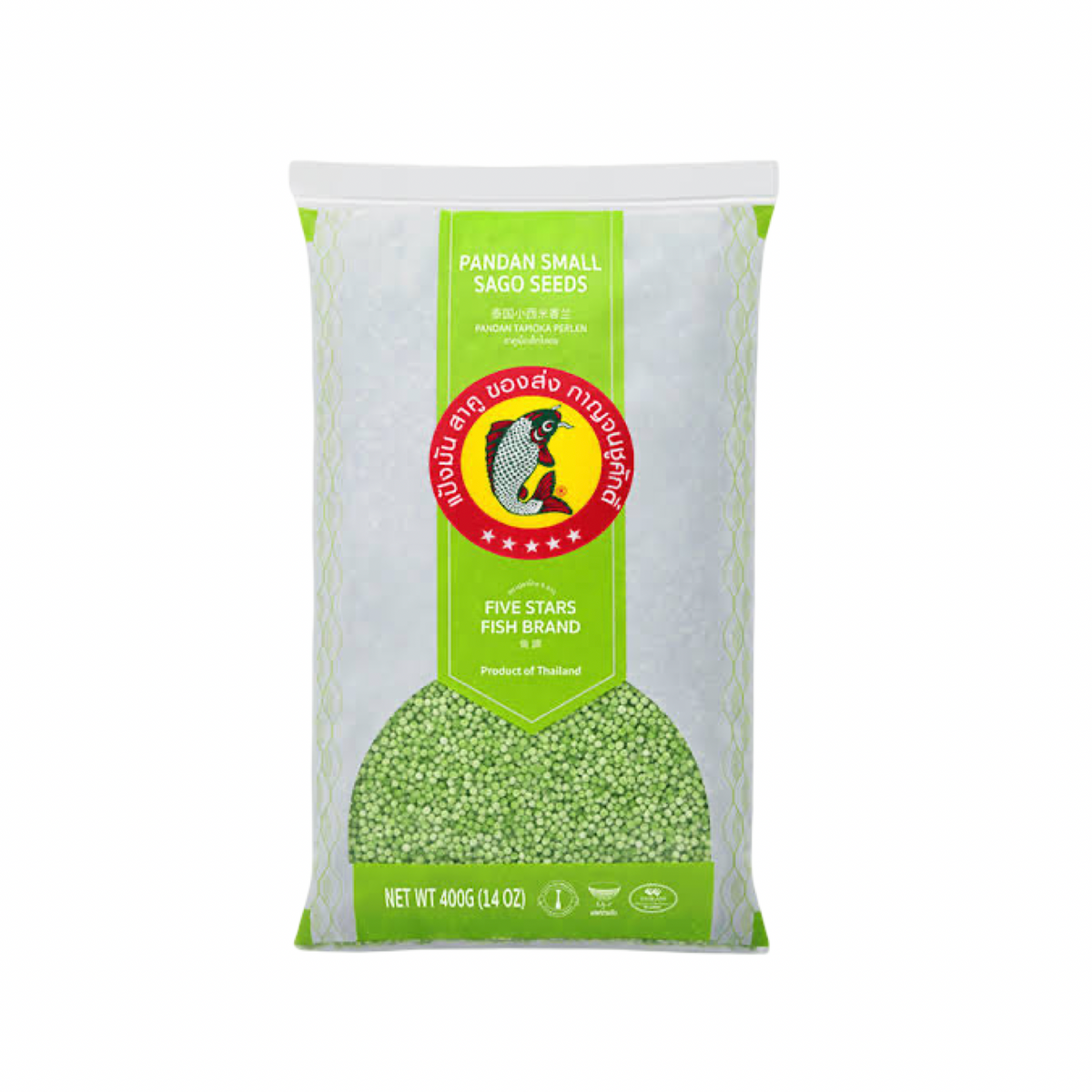 FIVE STARS FISH kleine Tapiokaperlen grün (สาคูเขียวเม็ดเล็ก ปลาไทย 5 ดาว) 400g - Ohayo Asia Shop