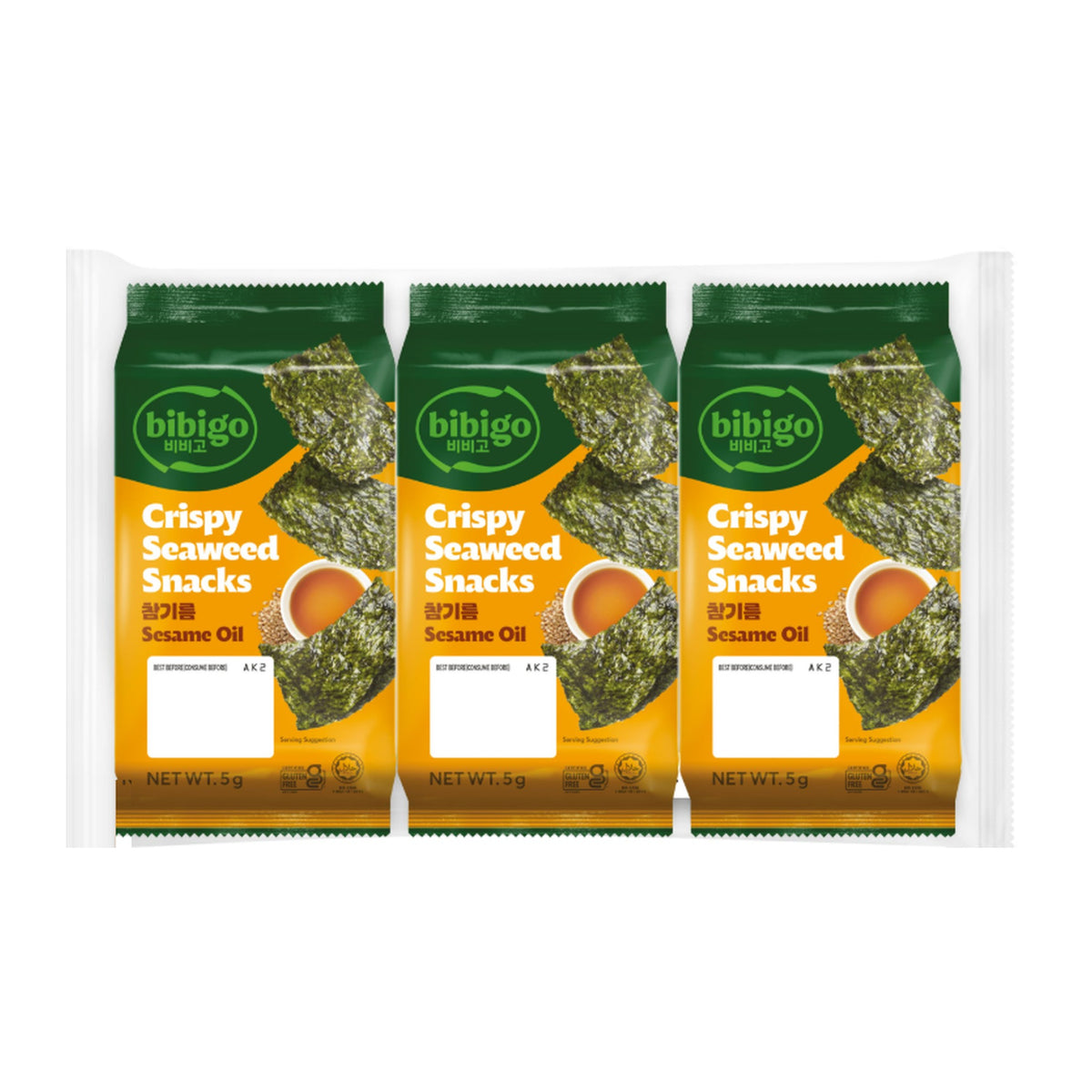 BIBIGO Seetang Snack mit Sesamöl 3x5g Packung