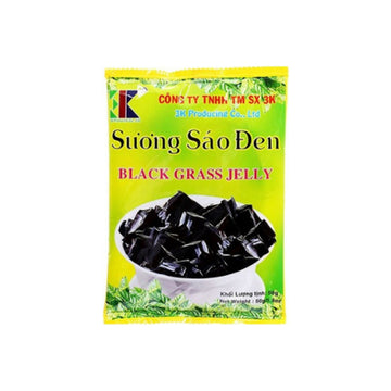3K Schwarzes Grasgelee-Pulver 50g – gelber Beutel mit schwarzem Grasgelee in einer Schale - Ohayo Asia Shop