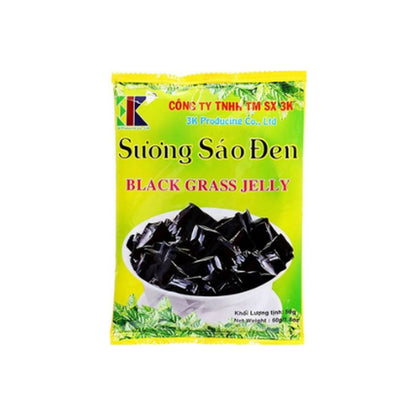 3K Schwarzes Grasgelee-Pulver 50g – gelber Beutel mit schwarzem Grasgelee in einer Schale - Ohayo Asia Shop