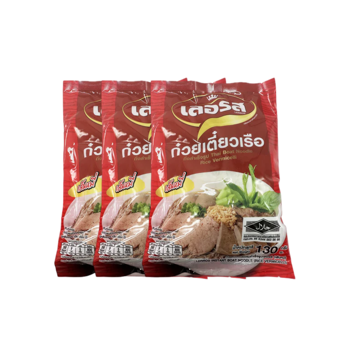 LERROS Instant-Bootsnudeln mit Reis-Vermicelli (ก๋วยเตี๋ยวเรือ เส้นหมี่ เลอรส) 3x150g