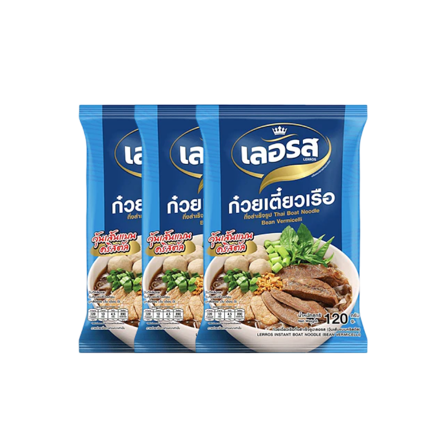 LERROS Instant-Bootsnudeln mit flachen Kristall-Glasnudeln (ก๋วยเตี๋ยวเรือ เส้นวุ้นเส้นแบนคริสตัล เลอรส) 3x120g