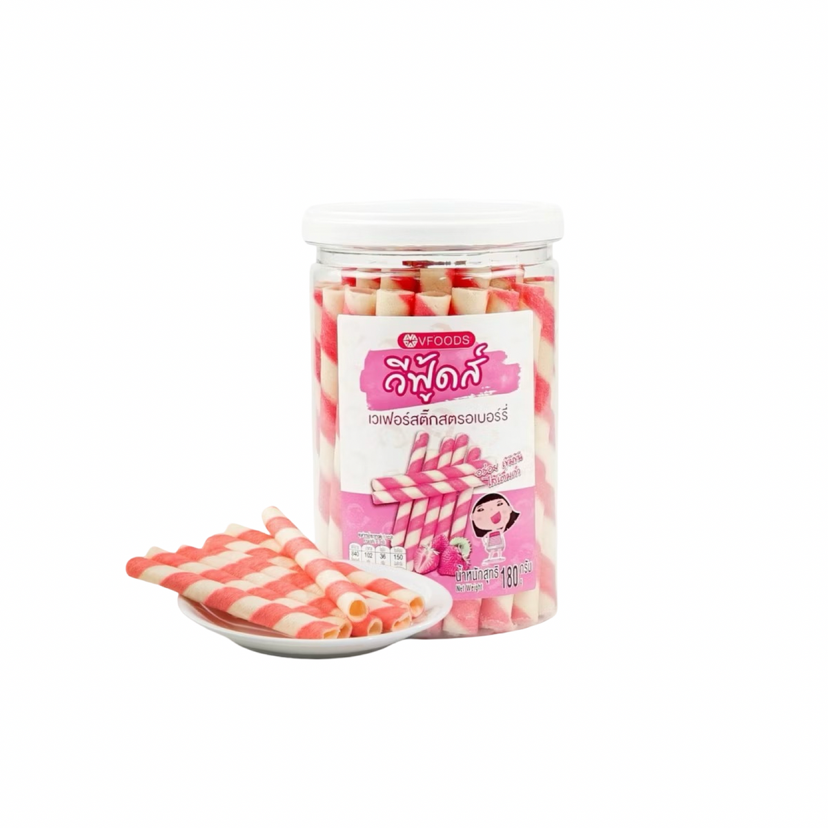 VFOODS Knusprige Waffelröllchen mit Erdbeercreme (เวเฟอร์โรลรสสตรอว์เบอร์รี วีฟู้ดส์) 180g - Ohayo Asia Shop