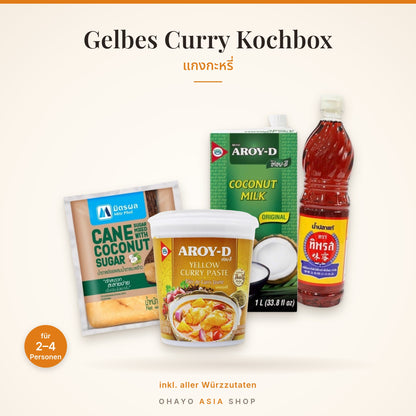 Gelbes Curry Kochbox – Inhalt: AROY-D Gelbe Currypaste, Kokosmilch, Kokoszucker und Fischsauce
