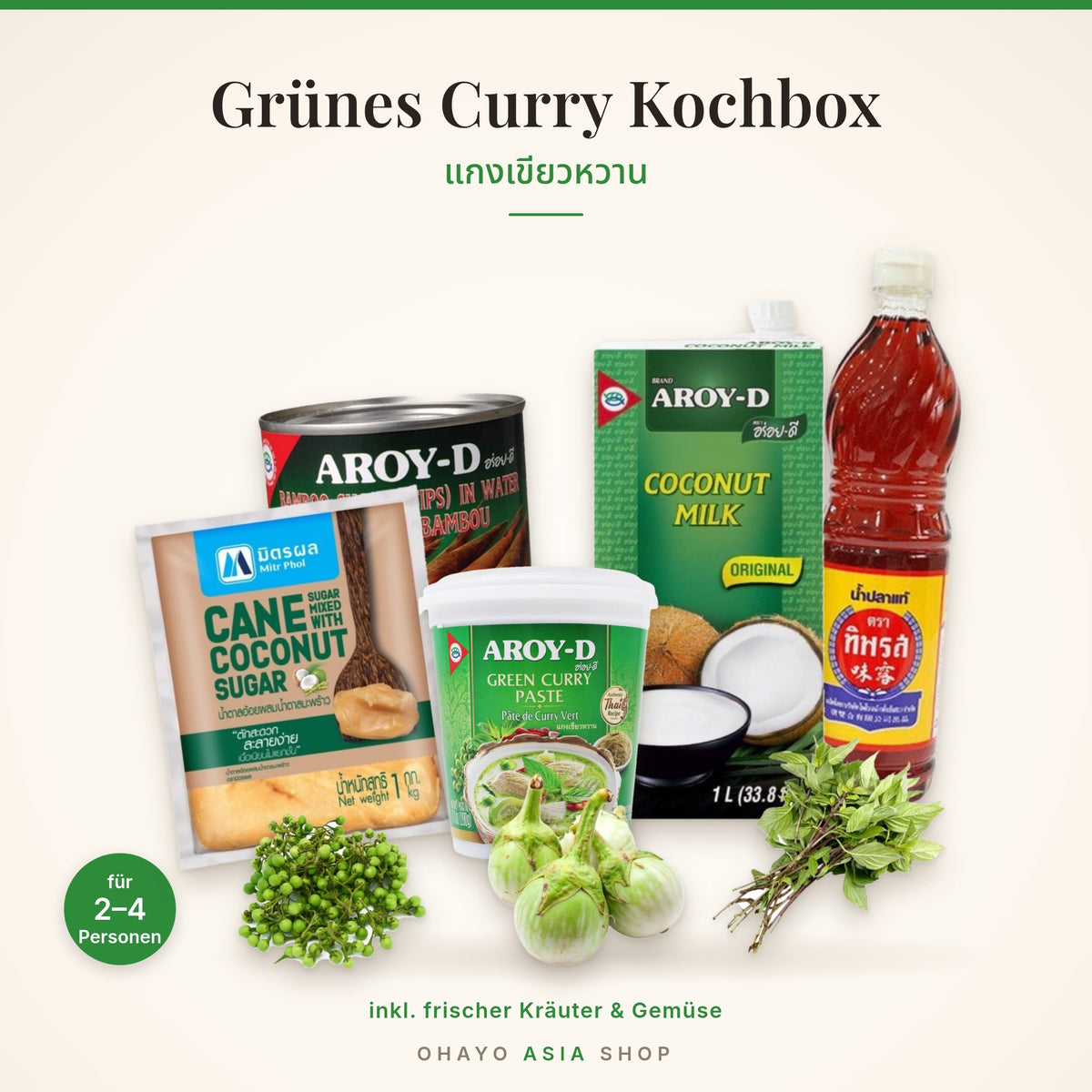 Grünes Curry Kochbox mit Thai-Aubergine, Erbsen-Auberginen und Thai-Basilikum