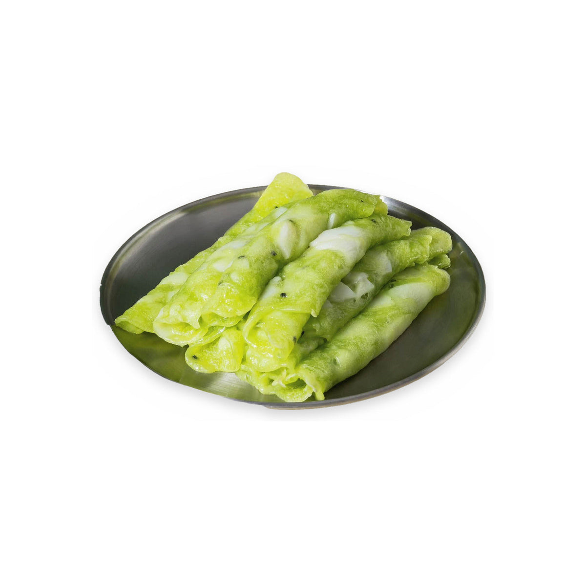 KAEW Thong Muan Frische Kokosröllchen mit junger Kokosnuss im Glas (ทองม้วนสดมะพร้าวอ่อน แก้ว) 300g – grüne gerollte Kokosröllchen auf einem Edelstahlteller - Ohayo Asia Shop