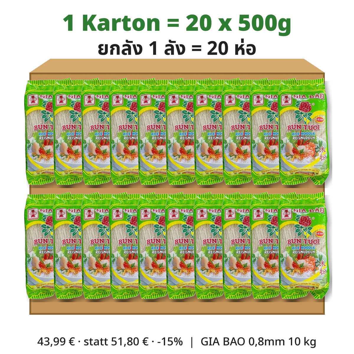 GIA BAO Reisnudeln Bún Tươi 0,8mm 20x500g Karton – เส้นขนมจีน ยกลัง 20 ห่อ